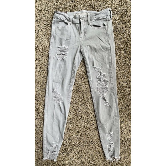 American Eagle Denim - AMERICAN EAGLE Super Stretch X GRAY Denim Ripped Distressed Jegging Size 4